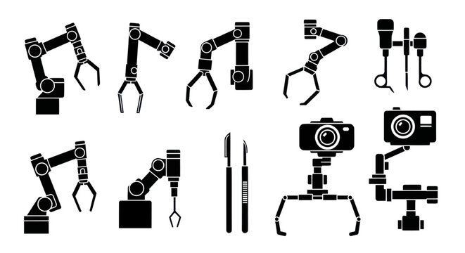 Set of robotic arms and medical instruments silhouettes