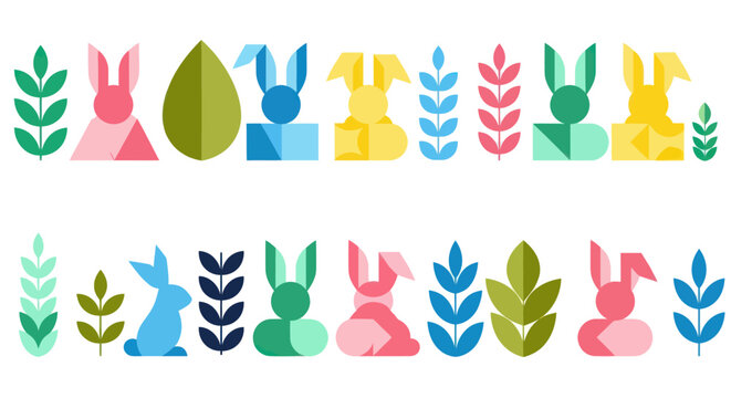 Geometric Easter bunny graphics with floral elements in pastel colors.