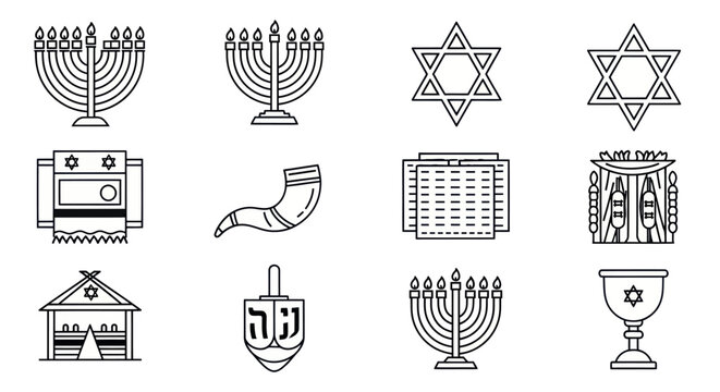 Collection of Jewish religious icons and holiday symbols in line art style