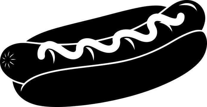 Classic hot dog with bun and zigzag pattern of mustard or mayonnaise.