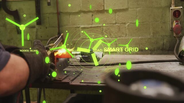 Welder igniting torch and cutting metal, AR HUD growing and circling work for smart-grid testing