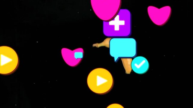 Colorful app icons plus banana entering edges, drifting and overlapping, forming layered overlay