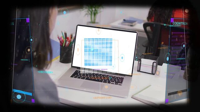 Laptop UI panels sliding in on app launch, team watching while nodes pulsing to show analytics