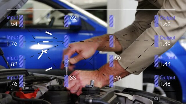 Car mechanic using socket wrench turning bolt in engine bay for repair with data overlays hovering