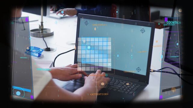 Woman typing on laptop, editing grid UI, blue selection box appearing, HUD sweeping for tech design