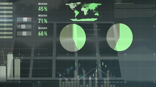 On data update finance HUD animating table gauges percents pie splitting bars filling for analytics
