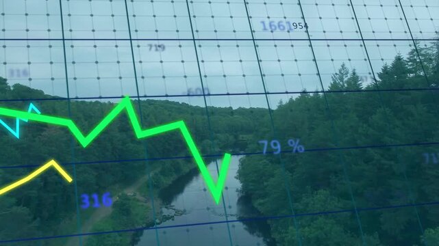 Centered river corridor receiving monitoring feed, showing animated grid, green line and labels
