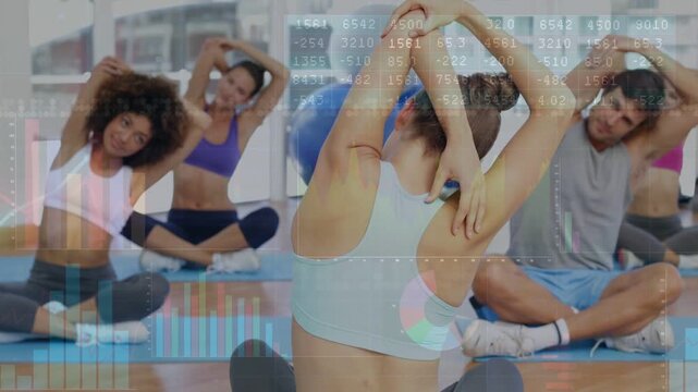 Lead turning and raising arms, guiding fitness for triceps and neck stretch with charts overlaying