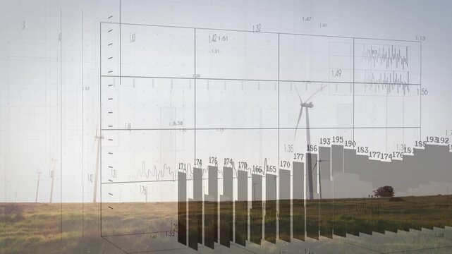 Data overlay animating over turbines grid appearing then bars rising showing wind energy output