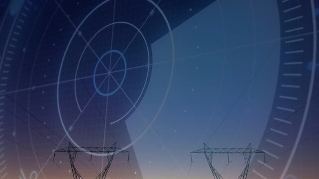 Translucent circular HUD activating and rotating wedge-scan, revealing pylons while monitoring grid