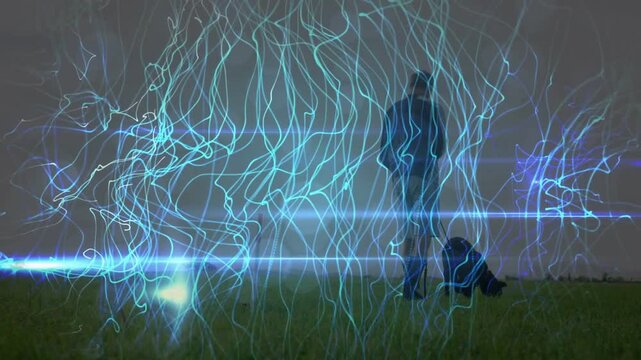 Teal blue curtain moving across frame, man leaning, reaching bag, dog sniffing, securing pack