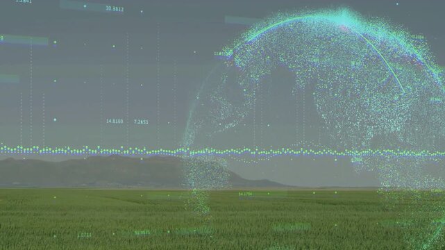 Data feed activating particle globe and HUD, visualizing live tech data with pulsing waveform