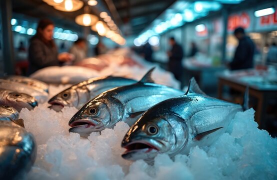 Fresh fish on ice at busy market stall, buyers pick seafood. Shiny tuna sold at counter, raw sea food chilled for sale. Daily catch displayed for customers.