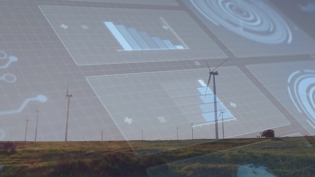 Wind turbines on hills, system starting HUD fading, charts aligning with turbines  and  tracking ene