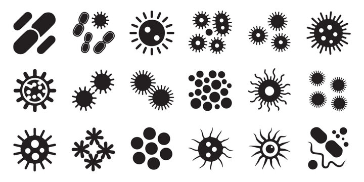 Collection of black and white bacteria and virus icons on white background