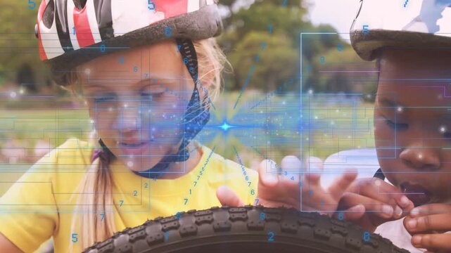 HUD sweep initiating two children inspecting bicycle tire, touching tread, finding debris to remove