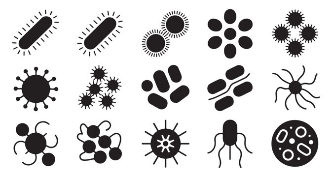 Various bacteria and virus shapes in black silhouette icons