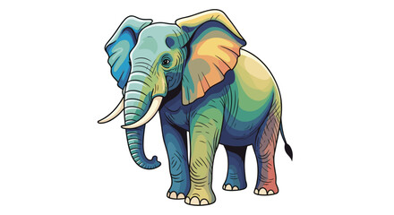 Fototapeta premium Whimsical and vibrant cartoon elephant with an array of colorful hues, depicted standing gracefully with tusks, capturing a friendly and artistic impression.