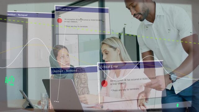 Standing man leaning in and showing laptop docs, team diagnosing data error with shifting dialogs