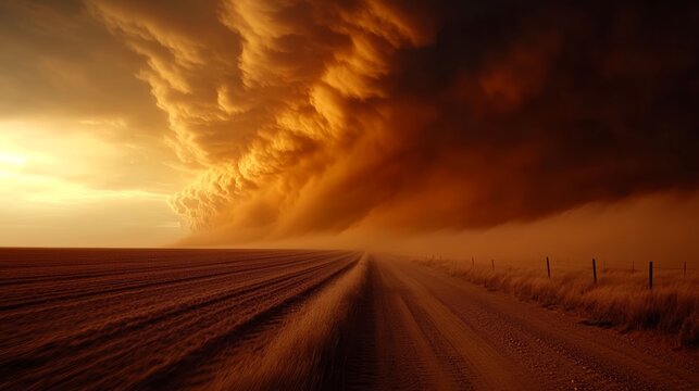 Dramatic dust storm approaches rural landscape nature photography evening light wide angle climate impact