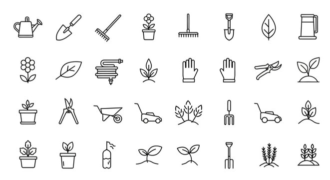 Gardening tools and plant icons set.