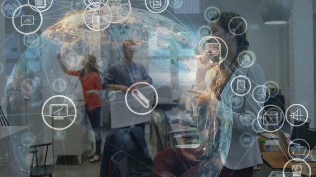 Braided woman leading while team sorting poster, causing globe and data icons for business pitch