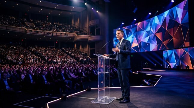Male business leader speaking at transparent podium on large stage with geometric digital background screen