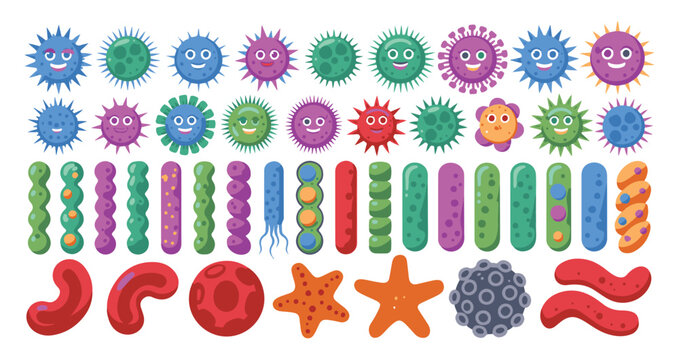 Cute Cartoon Microbes and Bacteria Character Set