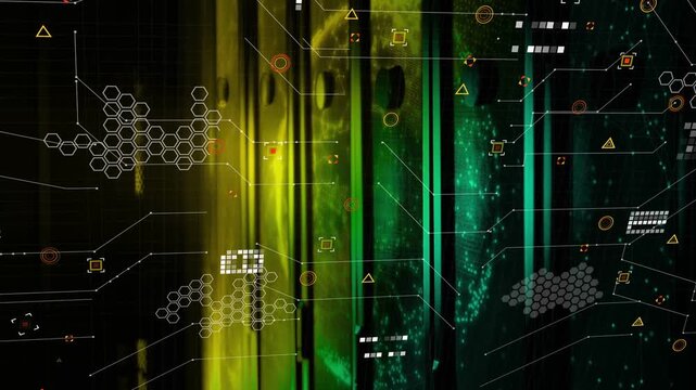 On load vertical bands showing sphere rising lines linking hexes moving HUD forming to display data