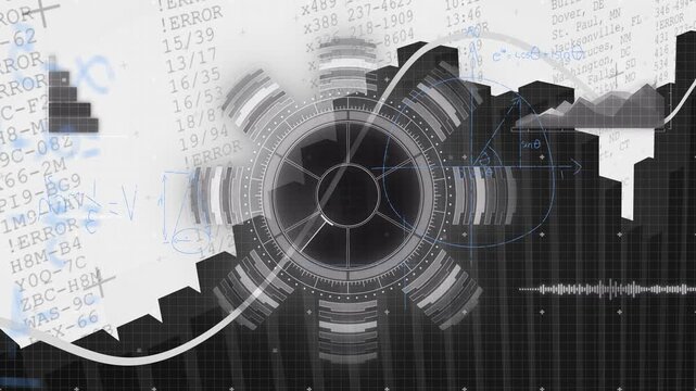 On play metal HUD rotating, rings pulsing, bars shifting, white line tracing trend to show data