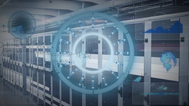 Central blue HUD appearing over racks, pulsing, rotating, adding widgets and equations mapping flow