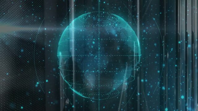 system initializing and holographic globe rotating, shifting map dots and orbit rings for tech UI