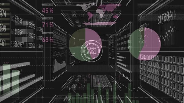 On play central HUD emitting rings, forming pies, growing bars, updating tables, showing analytics