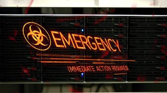 Orange biohazard appearing on server rack, scanning lines animating EMERGENCY text, urging IT staff