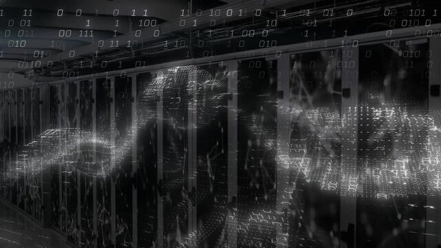 Waveform appearing moving right and sending data, racks lighting and binary drifting to show flow