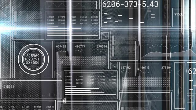 Layered tech HUD receiving data pulses to monitor, updating dial, numeric grids, charts and streaks