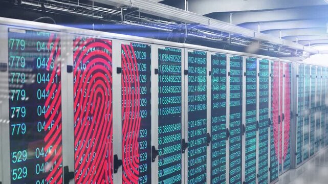 Camera starting right pan revealing racks with scrolling numbers and print overlays for data flow