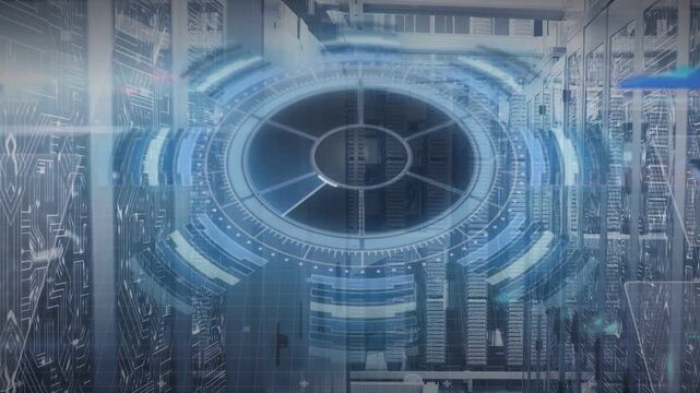Boot signal activating holo disk, sweeping sectors and pulsing rings scanning racks for diagnostics