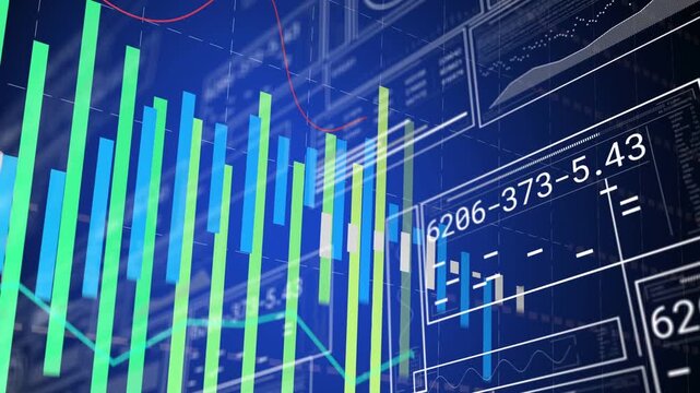 3D bar chart panning right, zooming, bars changing heights, trend lines updating for business