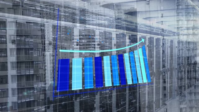 Blue block appearing, starting translucent 3D bar chart rising over urban facades showing growth