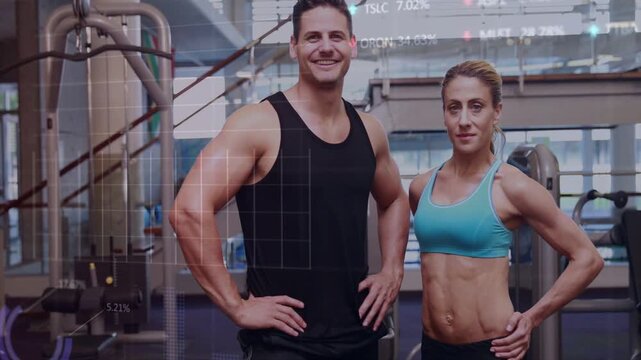 Camera shifting two trainers posing in gym animated charts overlaying trainers highlighting metrics