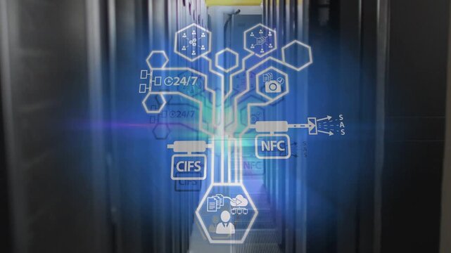 Data center aisle showing hex HUD appearing and sending branching network mapping CIFS NFC for ops