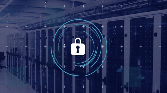 HUD appearing at center, padlock fading and cyan rings animating, pulsing, protecting server row