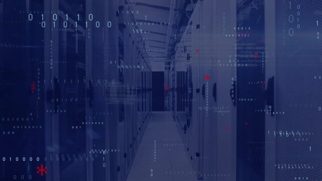 Incoming data initiating binary streams and code cascading over datacenter aisle showing data flow
