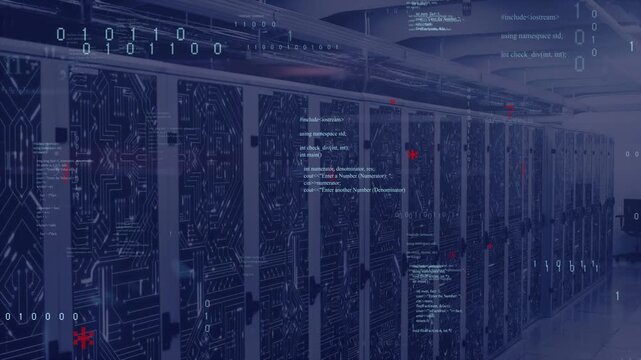Animated code, binary and red markers starting over racks in DC, drifting and rising for monitoring