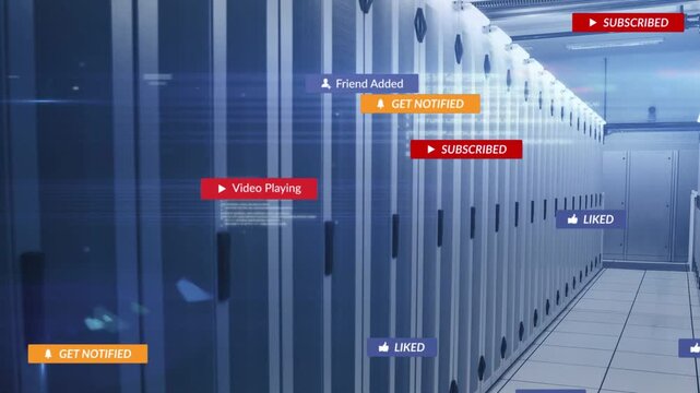Server corridor showing alert flood after cursor clicking badges floating fading showing engagement