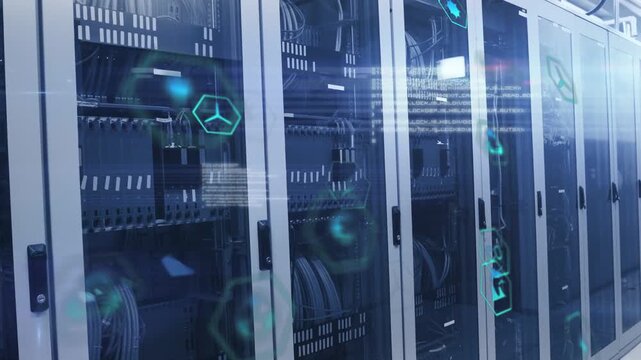 Left focus starting camera panning right along glass racks teal hex icons pulsing showing data flow
