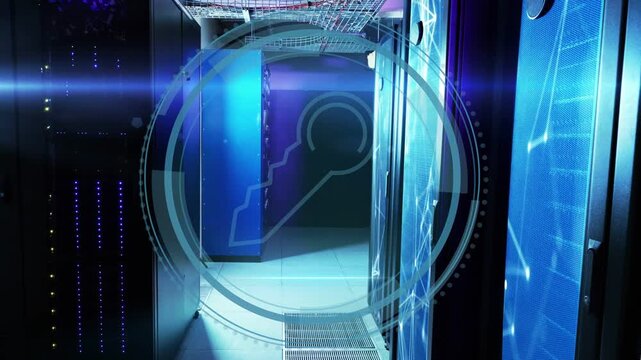 Server aisle Cyber Security title appearing, starting 3D rings and key scanning to signal security