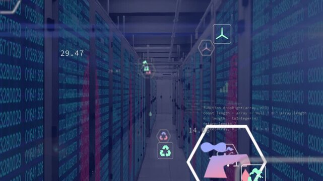 Data center aisle receiving telemetry feed, spawning hex icons drifting with numeric readouts