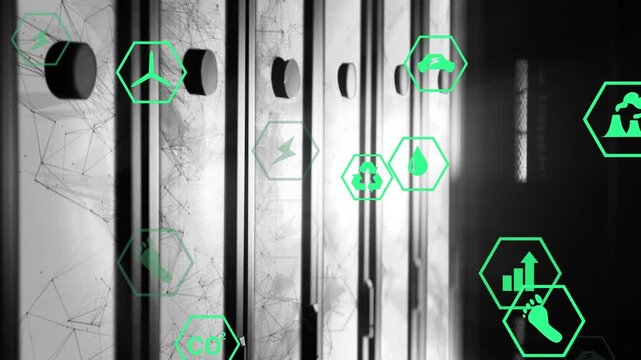 Light band moving right metal panel showing eco hex icons emerging and forming showing energy data